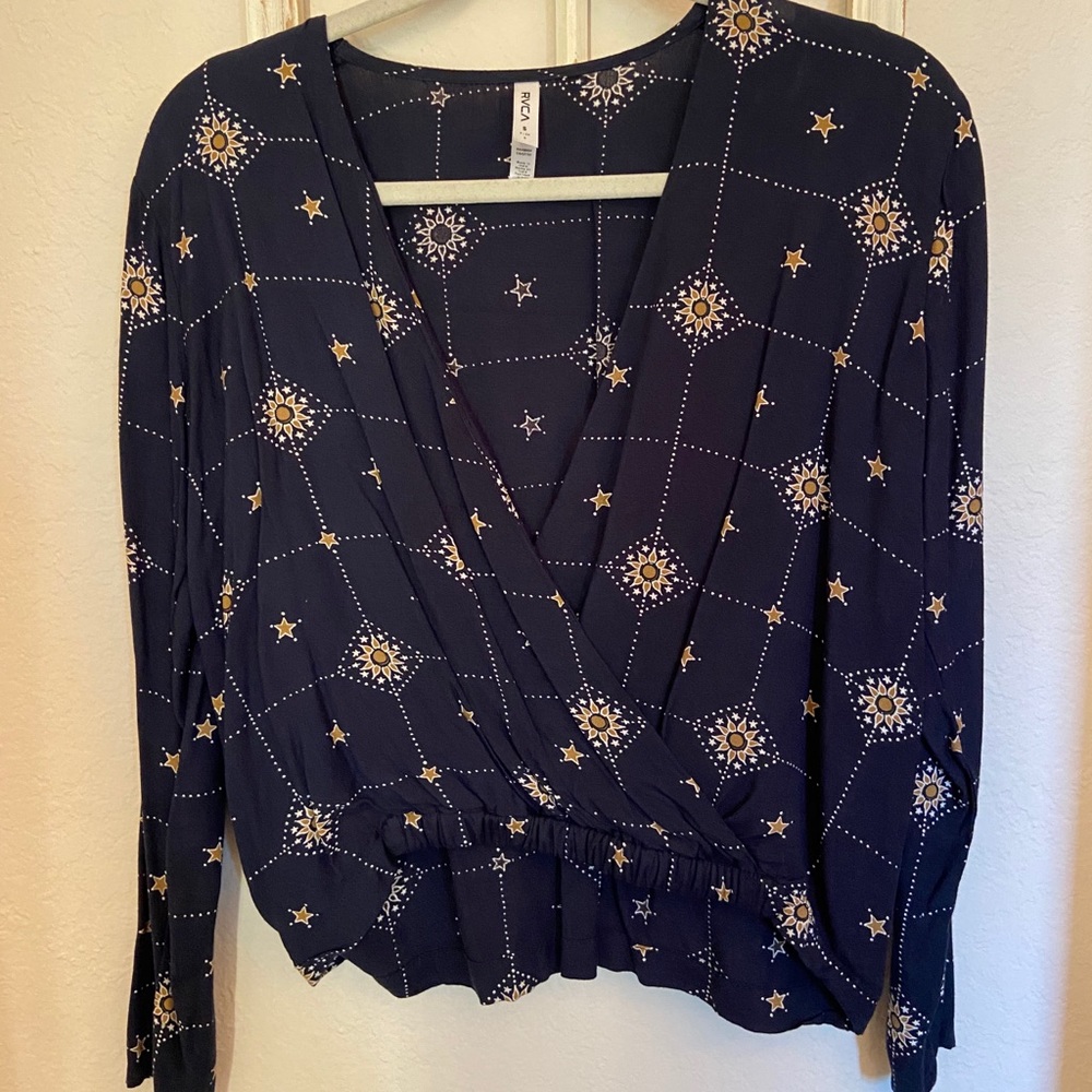 Rvca Sunflower long sleeve split blue top